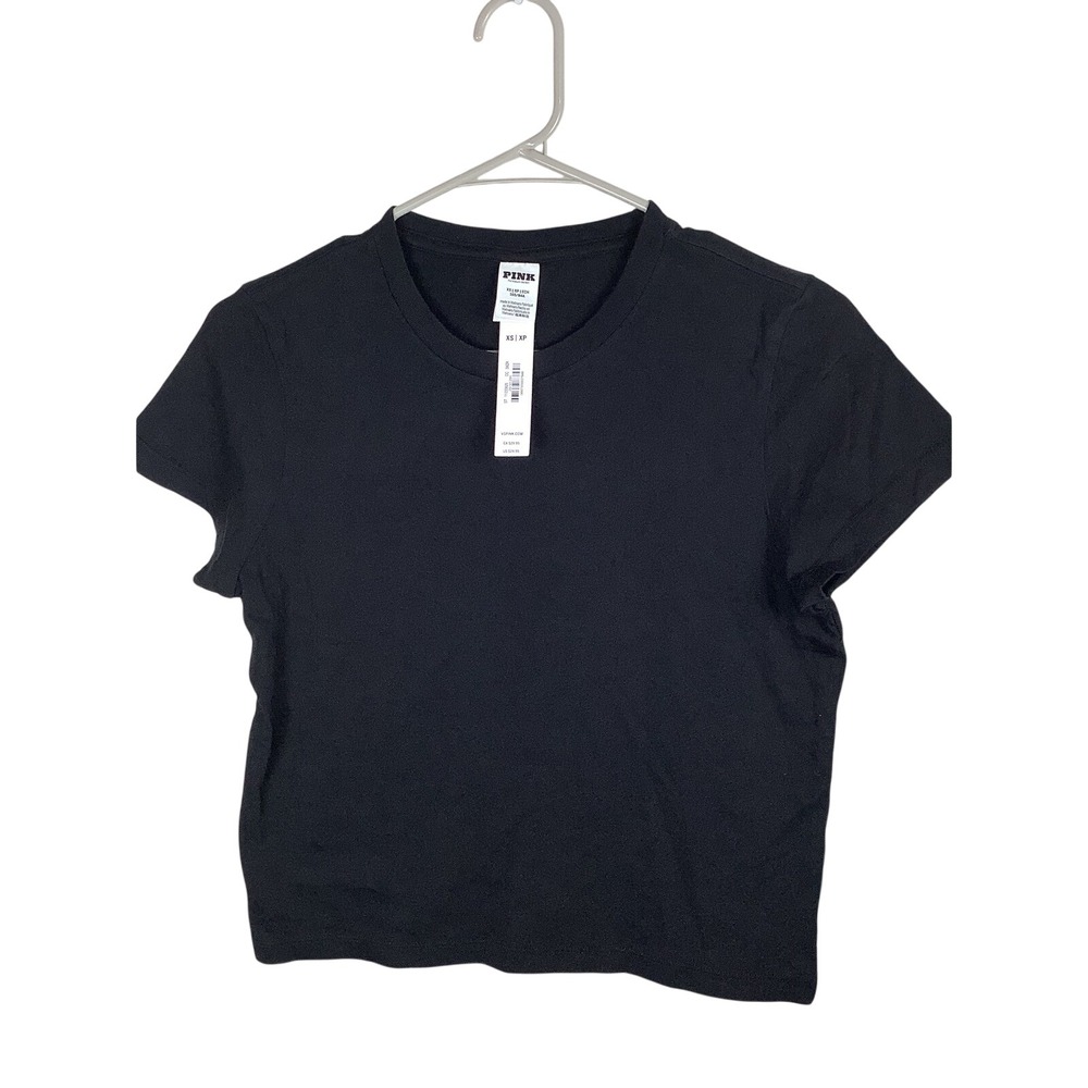 PINK Victoria's Secret Womens Black Short Sleeve Cropped TShirt Crew Neck XS NEW